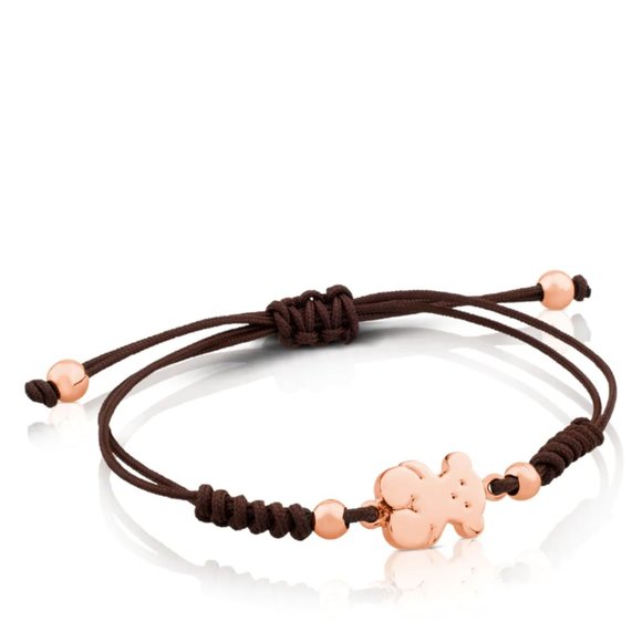 Tous Rose Silver Vermeil Sweet Dolls bear Bracelet brown cord - Picture 3 of 3
